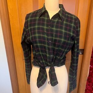 CHAPS Women Old Money Dark Academia Plaid Long Sleeve Button Down Blouse Sz Med